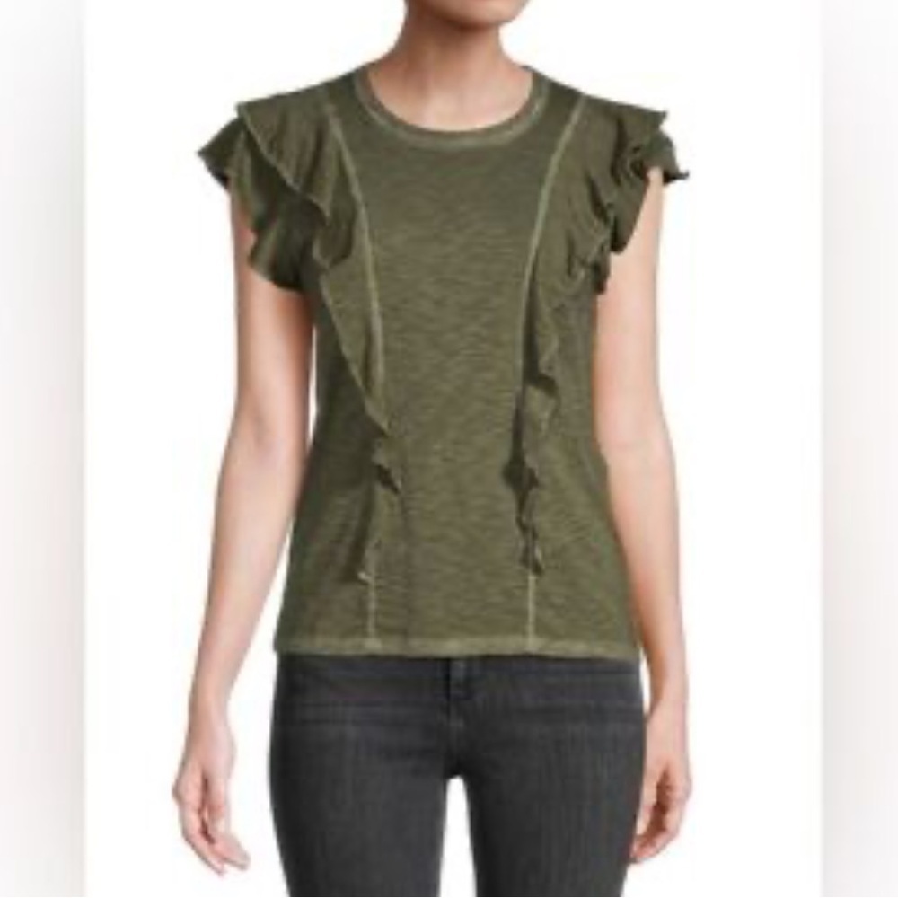 Veronica Beard Bea Jeans Dark Green Ruffled Sleeve Top Small EUC